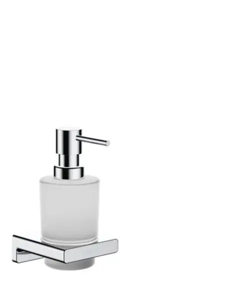 Hansgrohe Lotionspender mit chromfarbener Pumpe und frosted Glasbehälter, montiert auf einer Wandhalterung.